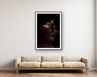 Lámina de Doberman / Retrato de perro con borde de latón, decoración en negro y dorado (descarga digital)
