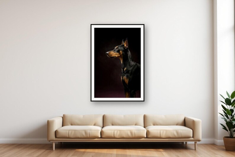 Doberman Print | Brass Rimmed Dog Portrait, Black Gold Decor (Digital Download) image 1