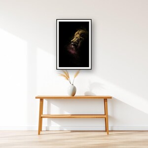 Lion Wall Art art print displayed above an entry console table