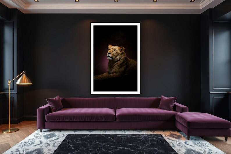 Lioness Wall Art art print framed in a luxury living room
