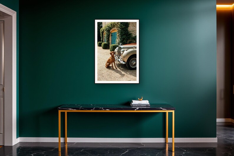 Vizsla Wall Art art print on a brass and black console vignette
