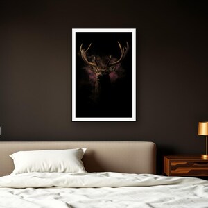Stag Wall Art art print framed in a dark luxury bedroom
