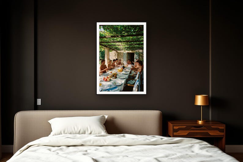 Athletes Long Lunch Wall Art art print framed in a dark luxury bedroom