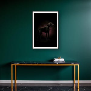 Great Dane Wall Art II art print on a brass and black console vignette