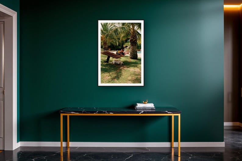 Labrador Wall Art art print on a brass and black console vignette