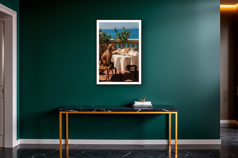 Cocker Spaniel Wall Art art print on a brass and black console vignette