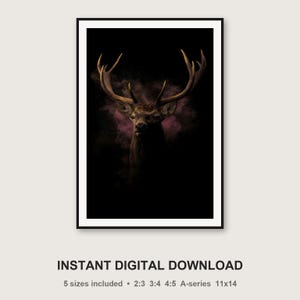 Muurdecoratie met hert | Print van messing gewei, zwartgouden dierendecoratie (digitale download) afbeelding 3