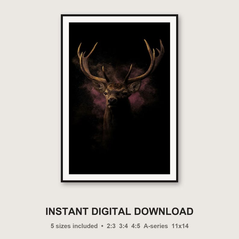 Muurdecoratie met hert | Print van messing gewei, zwartgouden dierendecoratie (digitale download) afbeelding 3