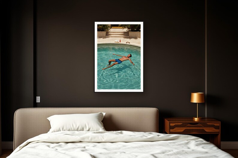 Pool Float Wall Art art print framed in a dark luxury bedroom