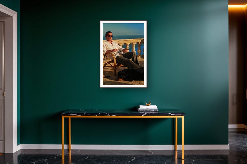 Rottweiler Wall Art art print on a brass and black console vignette