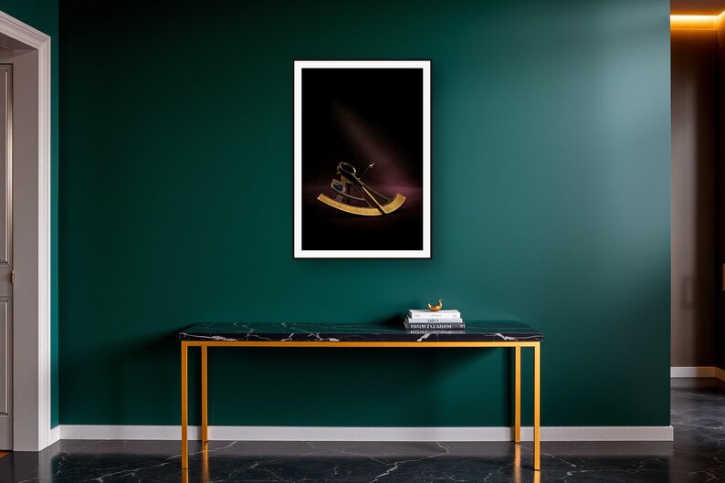 Celestial Wall Art art print on a brass and black console vignette