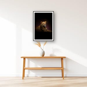 Lioness Wall Art III art print displayed above an entry console table