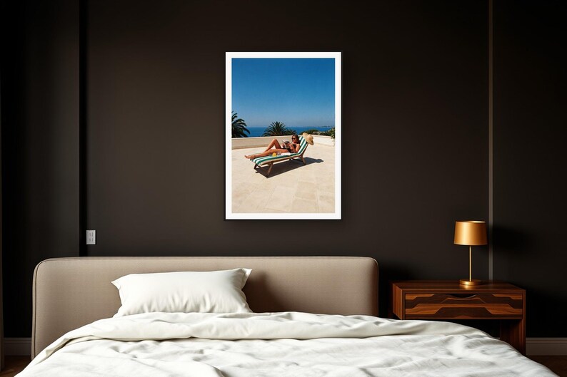 Sun Lounger Wall Art art print framed in a dark luxury bedroom