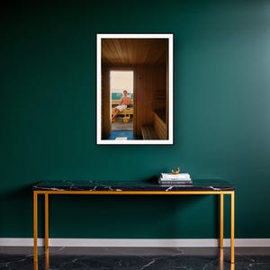 Sauna Wall Art art print on a brass and black console vignette