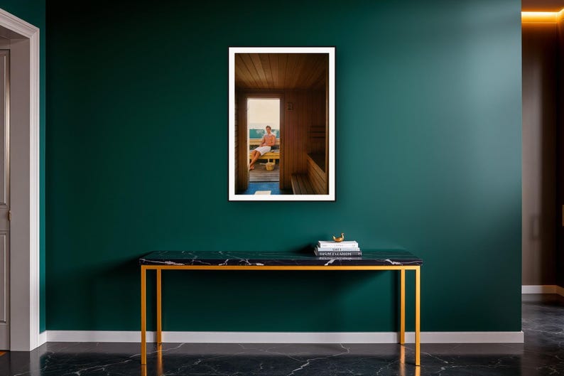 Sauna Wall Art art print on a brass and black console vignette