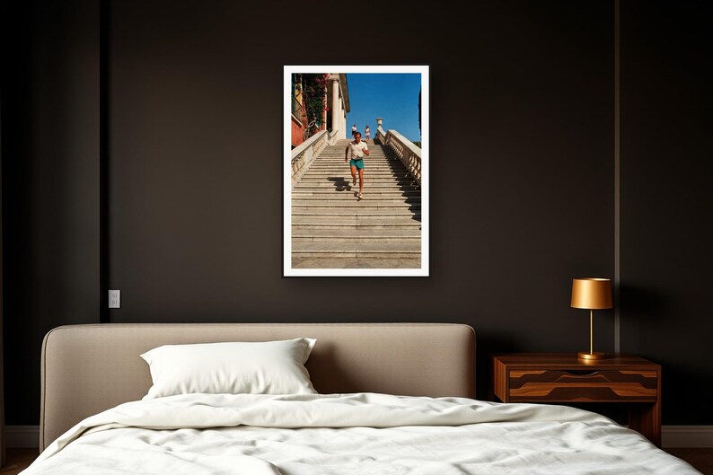 Stair Running Wall Art art print framed in a dark luxury bedroom