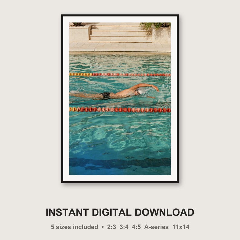 Lámina decorativa de estilo vintage para piscina de villa con nadador / Decoración para entrenamiento físico estilo libre (descarga digital) imagen 3