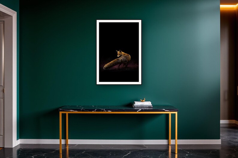 Fox Wall Art art print on a brass and black console vignette