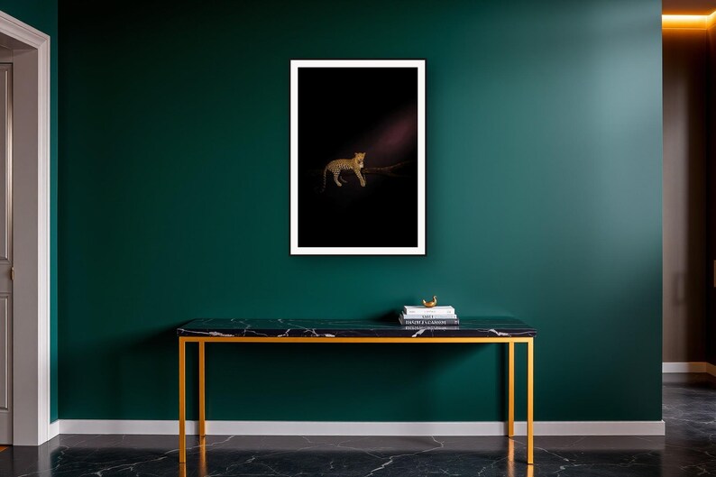 Leopard Wall Art II art print on a brass and black console vignette
