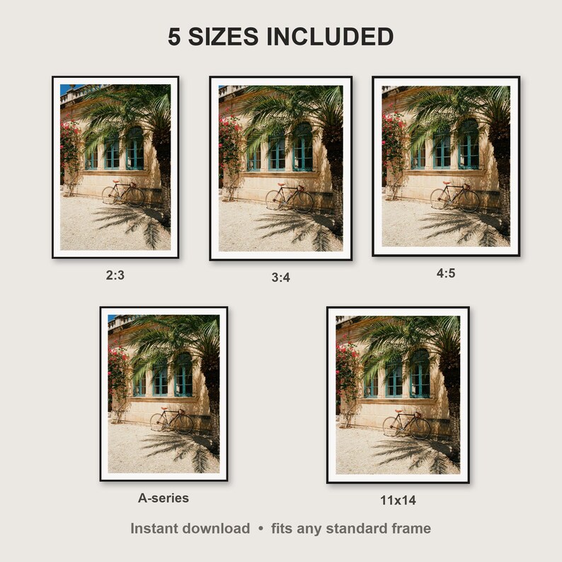 Vintage Bicycle Wall Art print size chart - 5 ratios included: 2:3, 3:4, 4:5, 11x14, ISO A