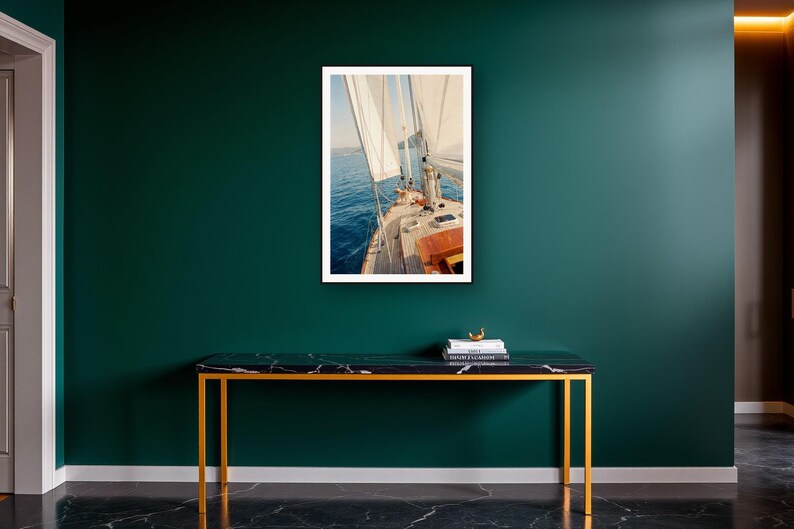 Golden Retriever Wall Art art print on a brass and black console vignette