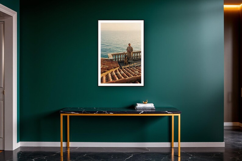 German Shepherd Wall Art art print on a brass and black console vignette