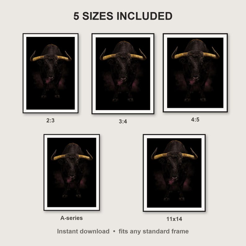 Bull Wall Art III print size chart - 5 ratios included: 2:3, 3:4, 4:5, 11x14, ISO A
