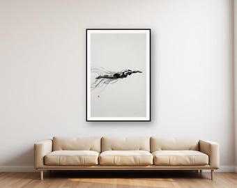 Lámina con pintura a tinta de nadador / Estilo sumi-e, decoración para caseta de piscina (descarga digital)