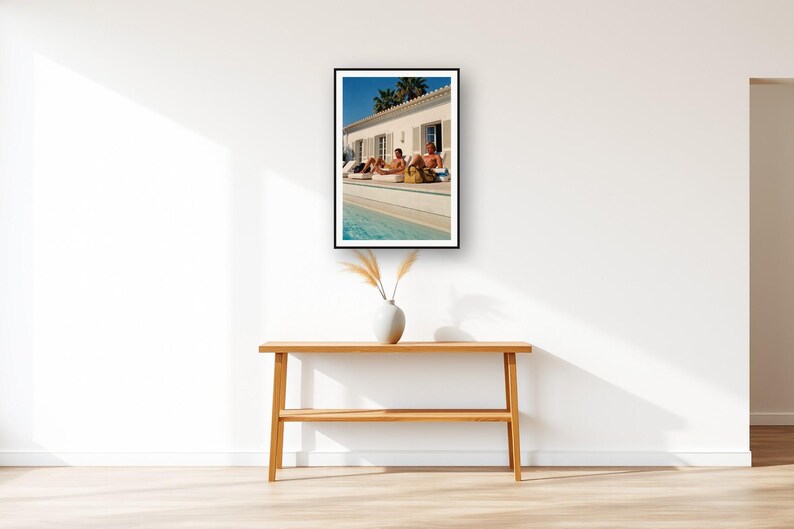 Poolside Athletes Wall Art art print displayed above an entry console table