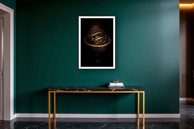 Celestial Wall Art art print on a brass and black console vignette