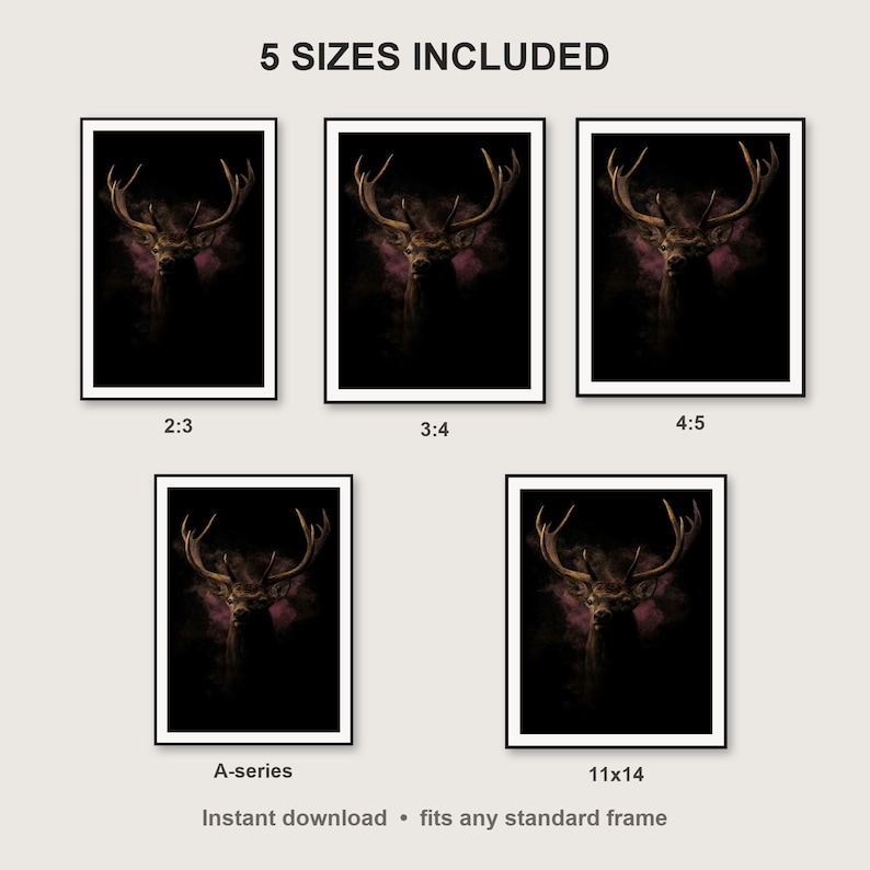 Stag Wall Art print size chart - 5 ratios included: 2:3, 3:4, 4:5, 11x14, ISO A