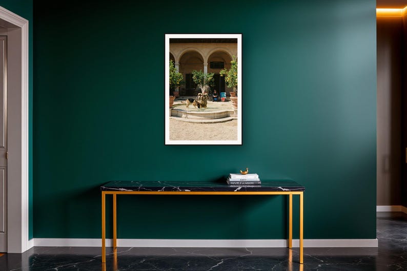 German Shepherd Wall Art art print on a brass and black console vignette