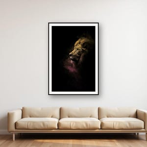 Lion Wall Art Print | Brass Rimmed Mane, Black Gold Animal Decor (Digital Download) image 1