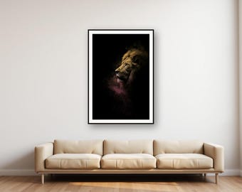Lion Wall Art Print | Brass Rimmed Mane, Black Gold Animal Decor (Digital Download)