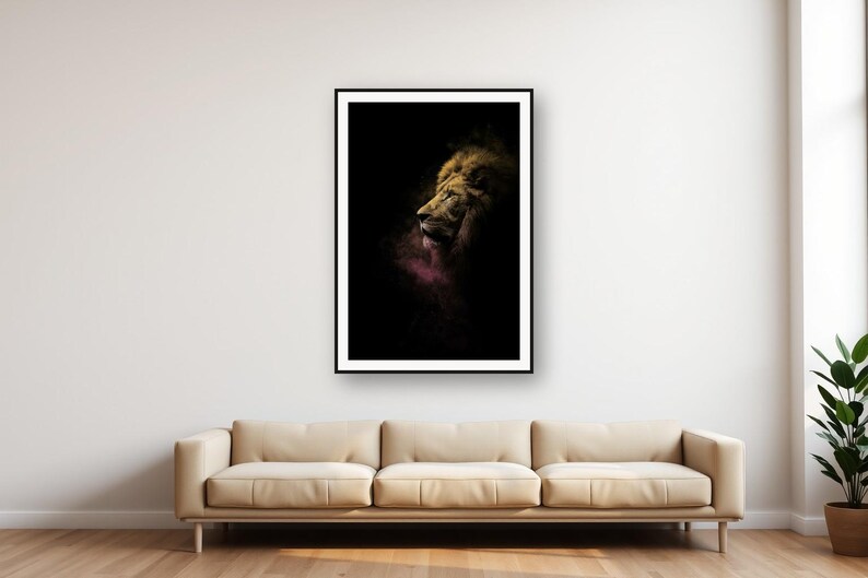 Lion Wall Art Print | Brass Rimmed Mane, Black Gold Animal Decor (Digital Download) image 1
