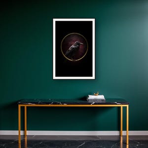 Raven Wall Art art print on a brass and black console vignette