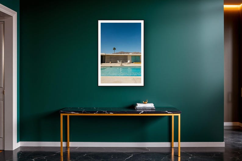 Standard Poodle Wall Art art print on a brass and black console vignette