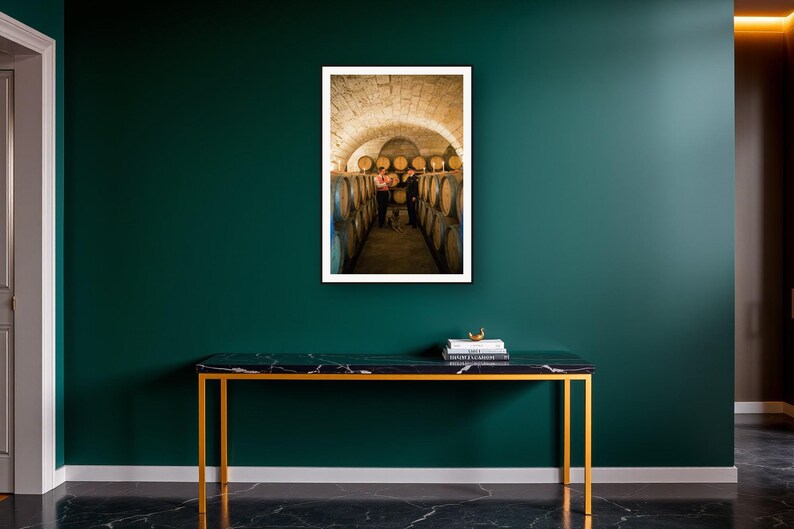 German Shepherd Wall Art art print on a brass and black console vignette