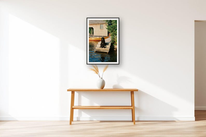Newfoundland Dog Wall Art art print displayed above an entry console table