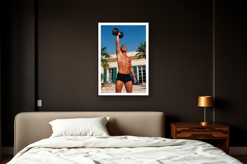 Dumbbell Press Wall Art art print framed in a dark luxury bedroom