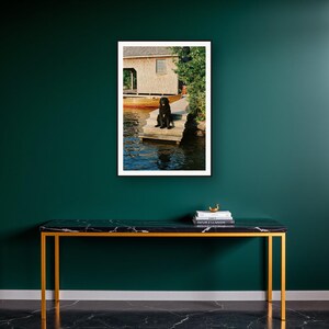Newfoundland Dog Wall Art art print on a brass and black console vignette