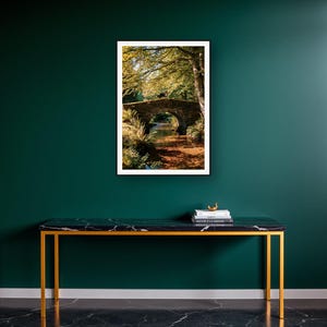 Bernese Mountain Dog Wall Art art print on a brass and black console vignette