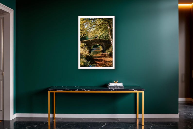 Bernese Mountain Dog Wall Art art print on a brass and black console vignette