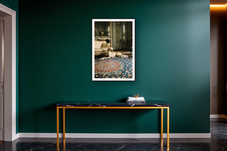 Saluki Wall Art art print on a brass and black console vignette