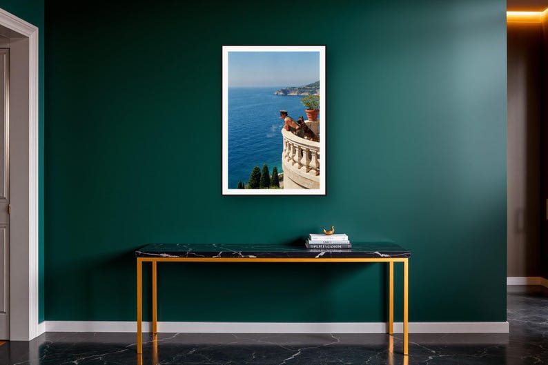 Military K9 Wall Art art print on a brass and black console vignette