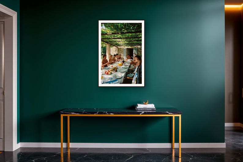 Athletes Long Lunch Wall Art art print on a brass and black console vignette