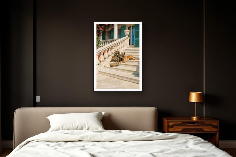 Belgian Malinois Wall Art art print framed in a dark luxury bedroom