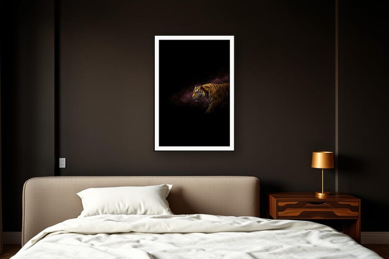 Tiger Wall Art art print framed in a dark luxury bedroom