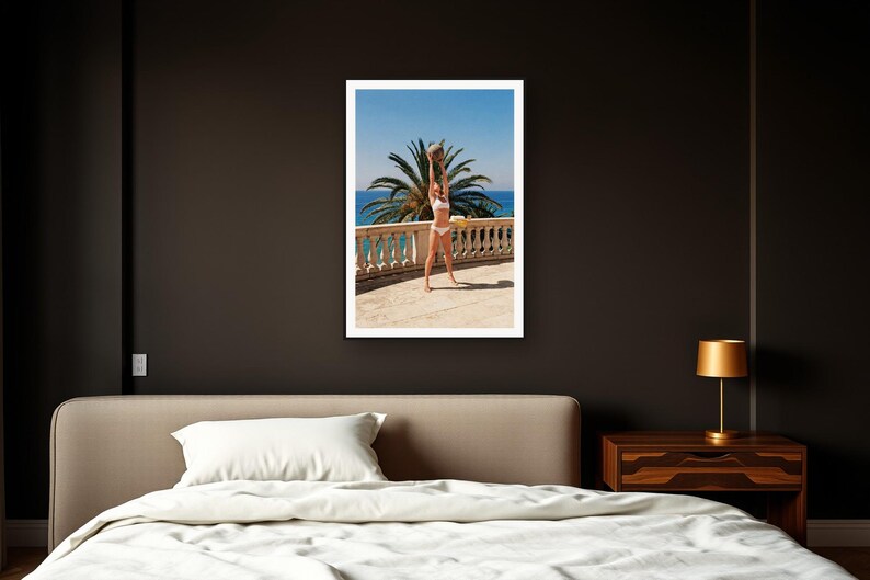 Medicine Ball Wall Art art print framed in a dark luxury bedroom