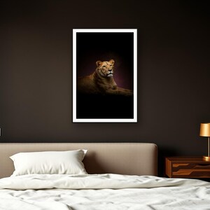 Lioness Wall Art III art print framed in a dark luxury bedroom